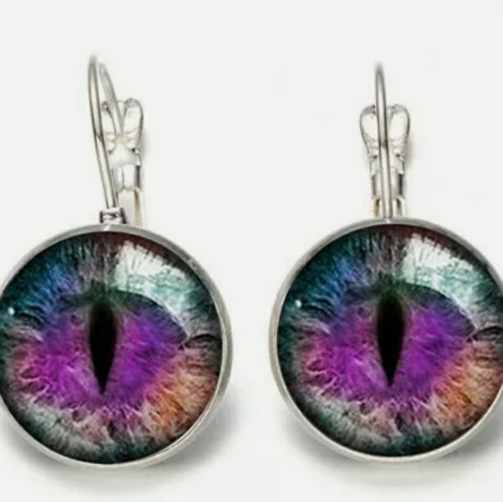 New Multi Colored Dragon Eye Glass Cab Silver Earrings.